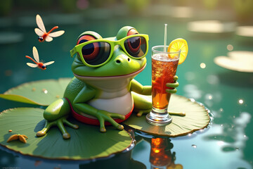 A cheerful green frog wearing sunglasses relaxes on a lily pad, holding a refreshing drink with a slice of lemon while enjoying the sunny surroundings and playful dragonflies