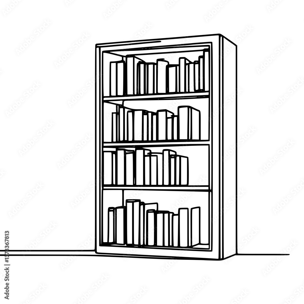 Aufkleber line drawing of bookcase, bookshelf in library with stacks of books on transparent background