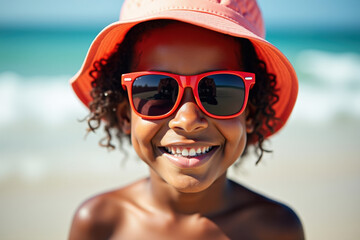 A cheerful young Black girl smiles widely on the beach wearing a bright orange hat and sunglasses, with waves softly crashing in the background