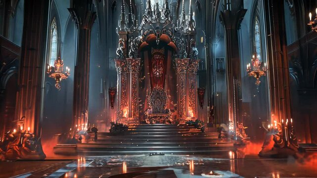 Gothic Throne Room: A captivating throne room in a gothic architectural style, featuring an ornate throne, intricate architecture, and atmospheric lighting, evokes a sense of mystery and grandeur. 