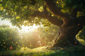 Magical Forest Scene with Falling Leaves and Sunlight Filtering Through a Large Tree.
The image depicts a natural scene with a tree and falling leaves.