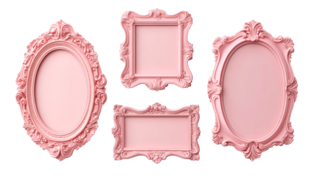 Ornate baby pink frames, Rococo style embellishment, cut out transparent