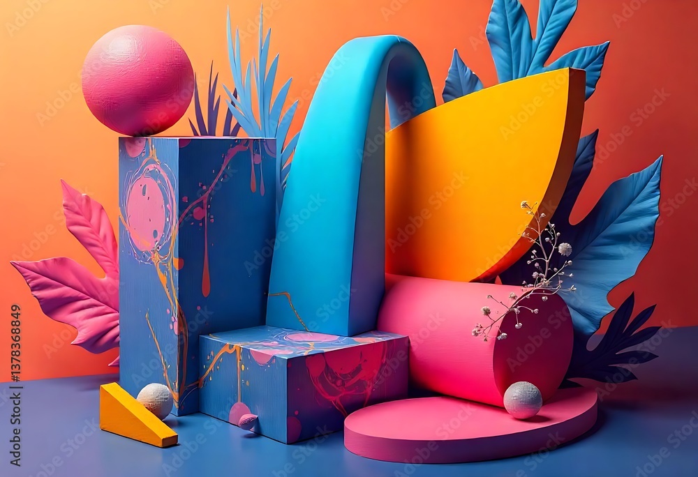 Aufkleber generative ai colorful geometric still life with plants and abstract elements