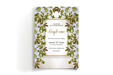 WEDDING INVITATION FRAME WITH FLOWER DECORATIONS AND FRESH LEAVES