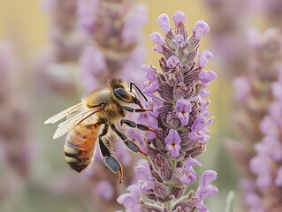Vintage Macro Portrait of a Bee on Purple Flower