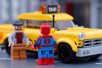 Naklejka premium Tambov, Russian Federation - January 13, 2025 Lego cab driver and Spider-Man minifigures standing near a taxi cab on the city street. Focus on the Spider-Man