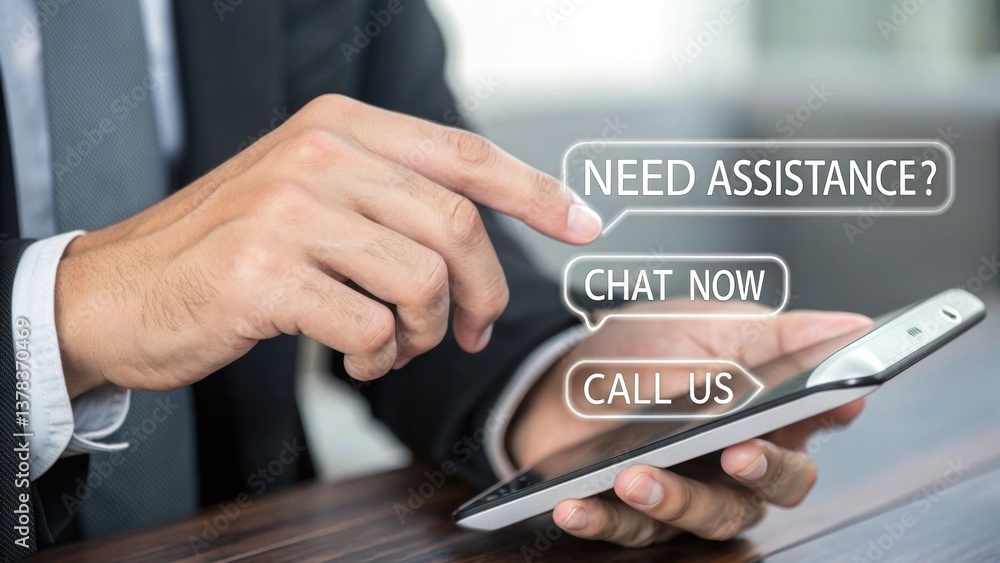 Poster a person interacting with a smartphone with speech bubble icons. the person's hand is hovering over 