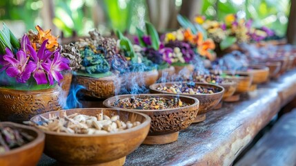 Aromatic Incense and Flowers in Wooden Bowls at a Spiritual Ceremony