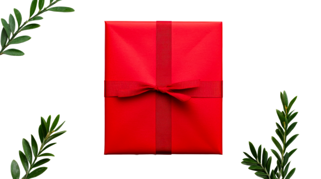 Gift wrapped in red with olive sprigs around, cut out transparent