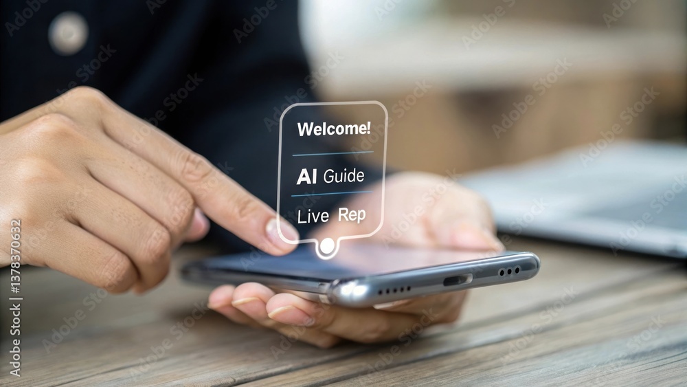 Poster a person is interacting with a smartphone, pointing at a futuristic interface with the words 