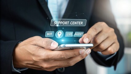 a professional, holding the smartphone with the digital Support Center interface