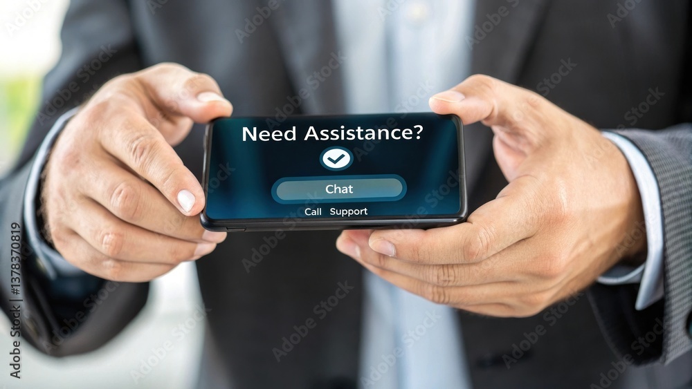 Poster man hands holding a smartphone with the words 
