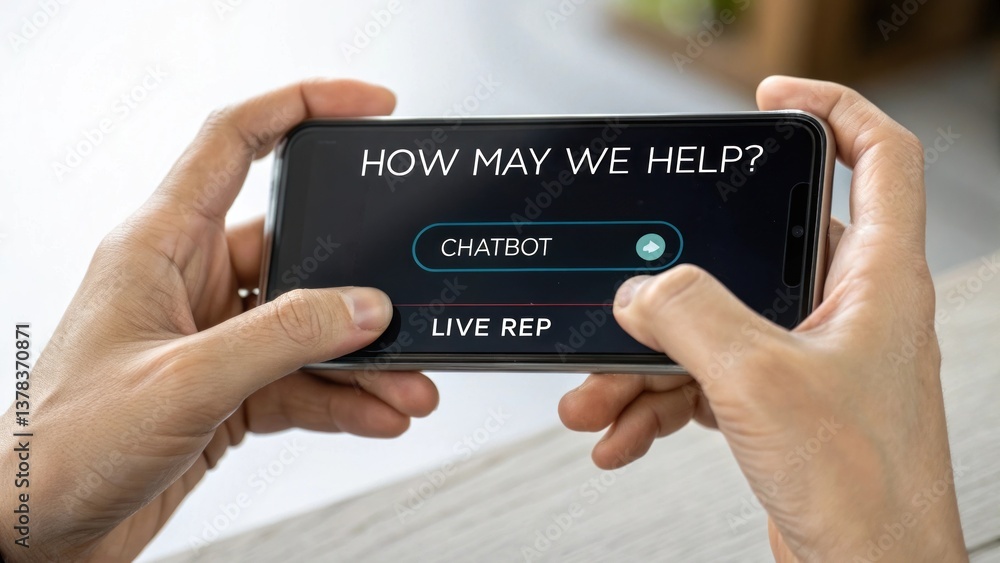 Poster hands holding phone with chatbot interface, user experience and online assistance concept. a person 