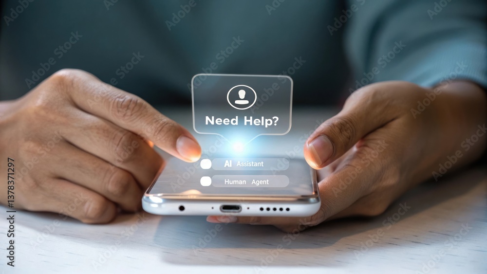 Poster a person using a smartphone, with 'need help?' interface