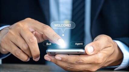 a person using a smartphone, with a "Welcome" message, representing the use of a bot and an agent on the device. The image portrays concepts of support and communication through technology
