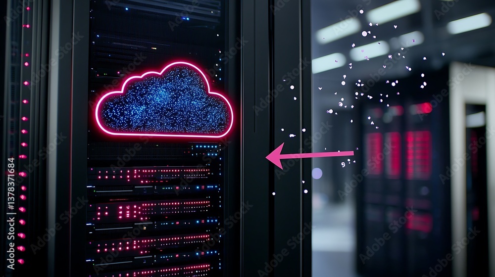 Poster a digital cloud icon representing data transfer in a modern server room environment