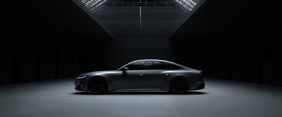 Sleek gray sedan in a dark studio, illuminated from above. Modern design with streamlined silhouette
