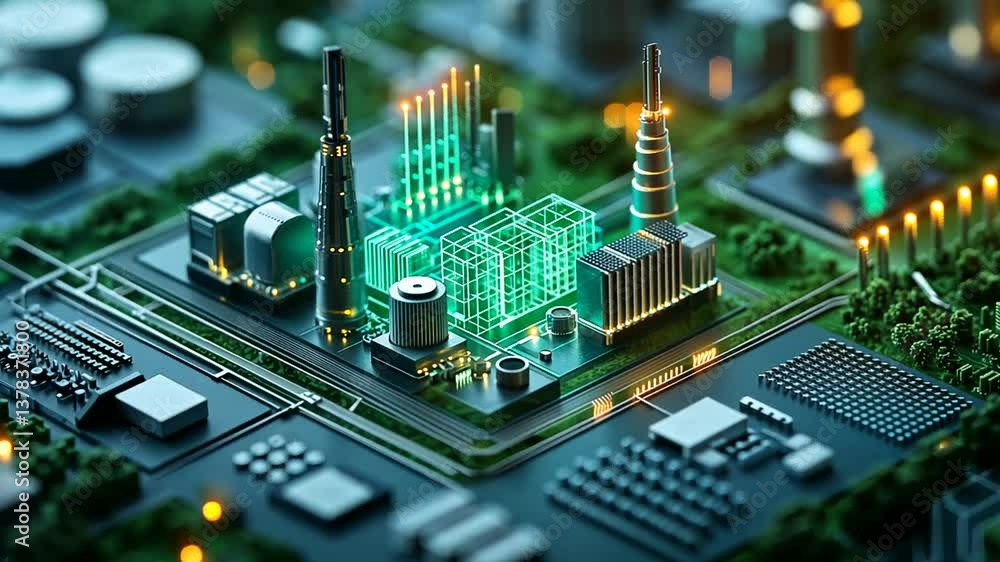 Poster futuristic microchip factory with neon highlights showcasing advanced technology