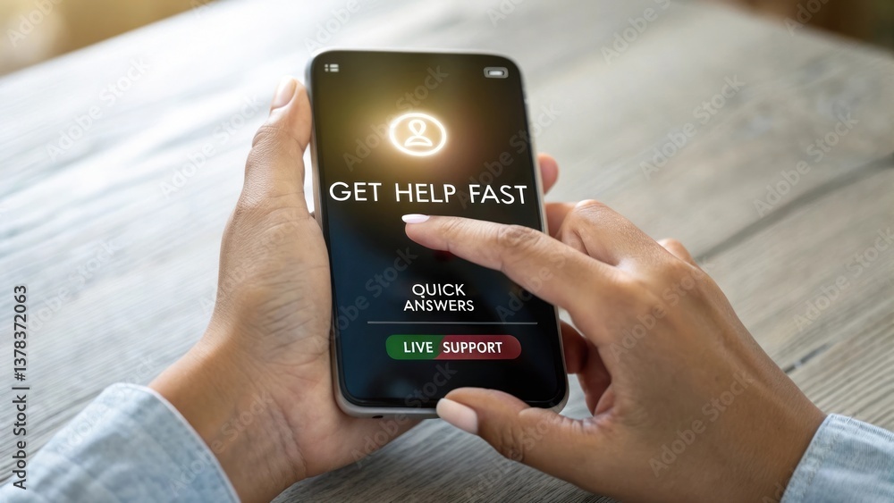 Poster person using smartphone, receiving online help, getting quick answers on the phone. the screen featu