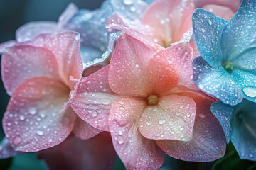 Fototapeta premium Pastel pink and blue hydrangea flowers covered in dew drops