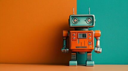 Fototapeta premium Retro Robot on a Two-Tone Background Vintage Artificial Intelligence Concept