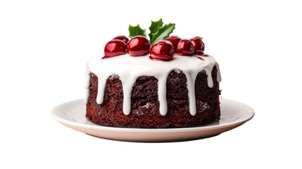 Christmas cake decorated with icing and cherries, cut out transparent