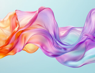 Fototapeta premium A pastel glass ribbon flows in the wind with soft gradients of pink, orange, purple, and teal. Set against a light blue background, it evokes serenity and elegance