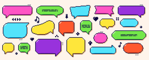 Pixel art color dialogue boxes. Speech bubbles drawn in 8 bit Y2k style with some tiny dark elements.