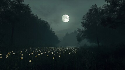 A mesmerizing sunflower field, petals glowing under soft moonlight