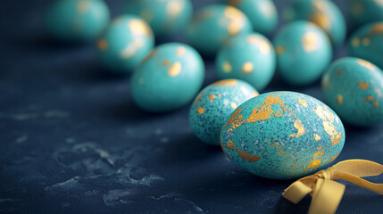 Teal Easter eggs with gold flecks, arranged on a dark blue textured surface,  a festive spring decoration, showcasing celebration and springtime joy