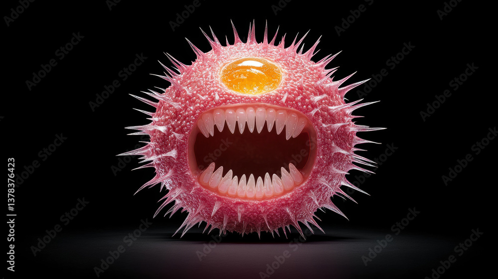 Poster fruit with teeth, 3d representation of a menacing microbe with spikes and a gaping mouth.