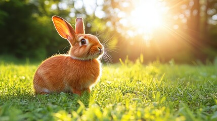 A cute, happy brown rabbit with silky fur, standing on a pure white background, its shiny coat reflecting soft light as it looks up joyfully.