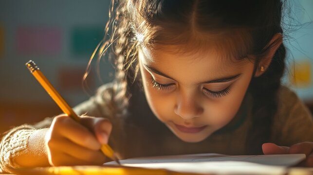 Young Indian girl writing focused.