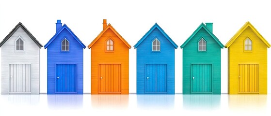 A row of colorful toy houses, white, blue, orange, green, yellow, side-by-side
