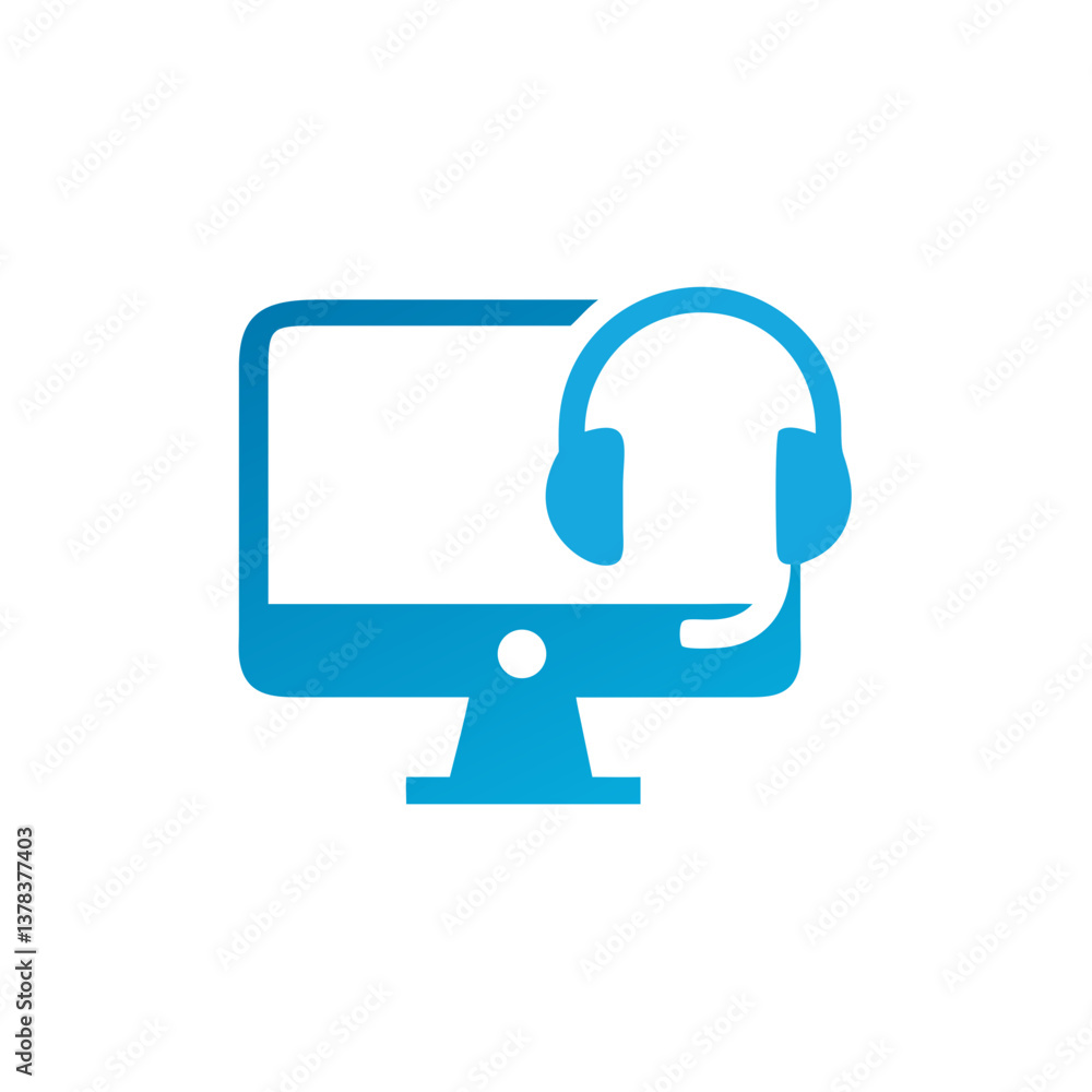 Poster a blue computer with a headset in front of it, highlighting online support or customer service. the 