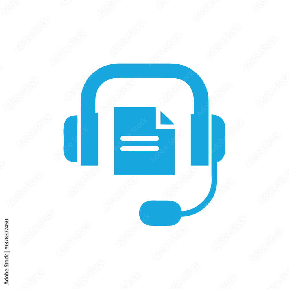 Poster customer service icon in blue. the image features a document with a headset and a microphone.