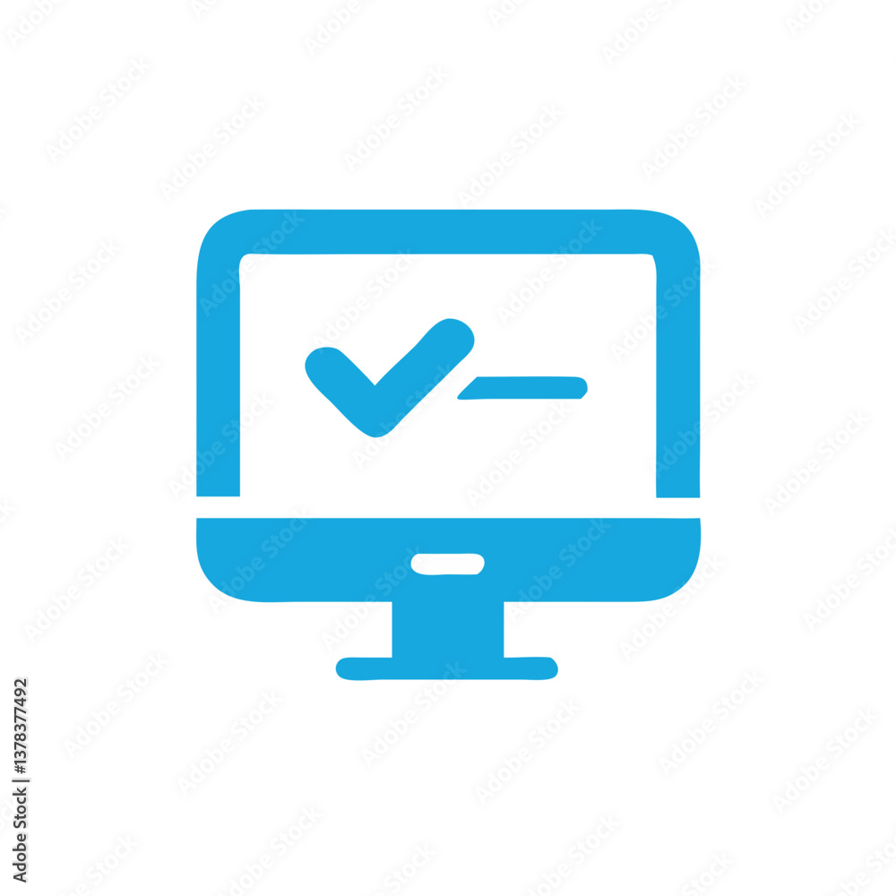 Poster computer screen with check mark graphic, signifying task completion or success