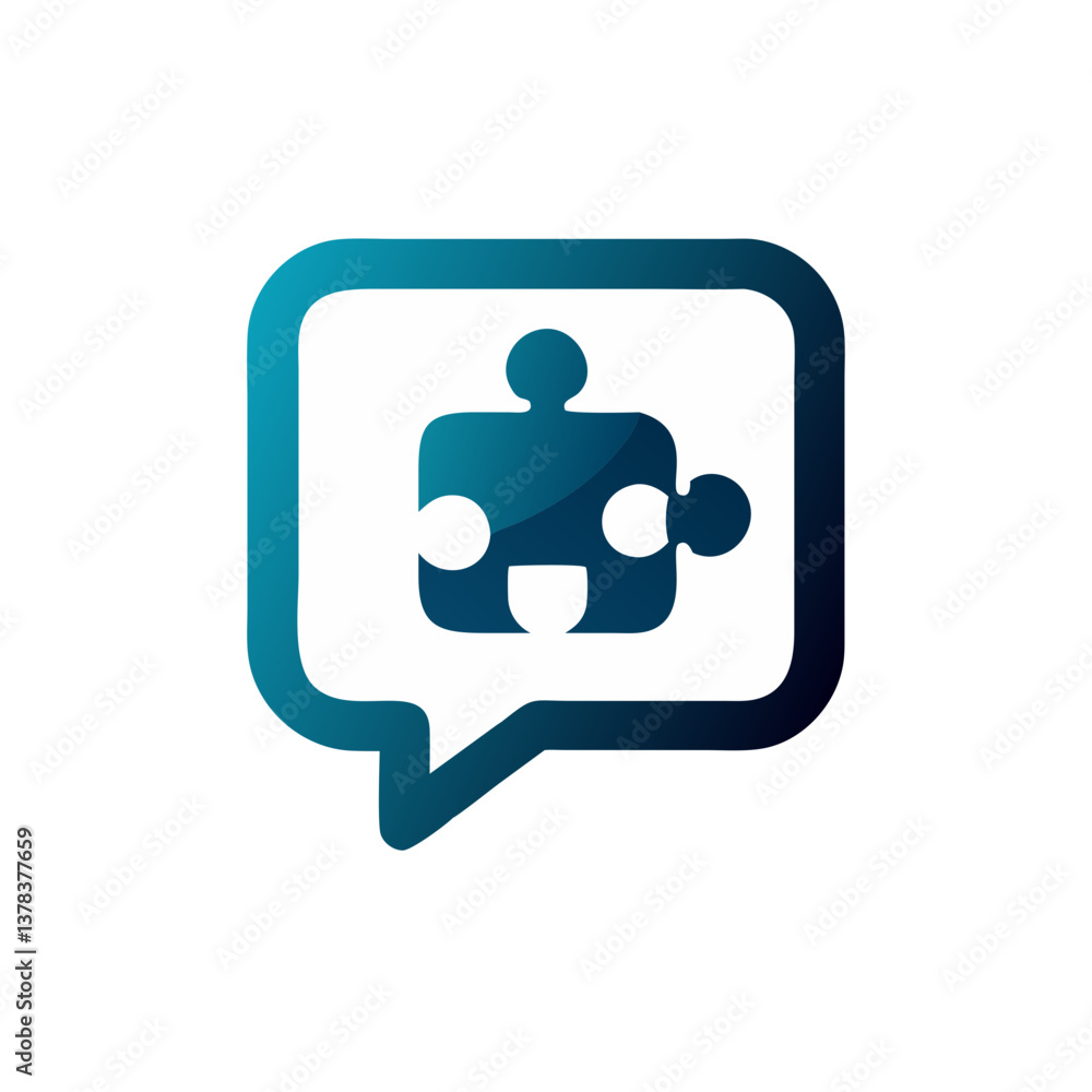 Poster a graphic image depicting a puzzle piece within a speech bubble, symbolizing problem-solving and com
