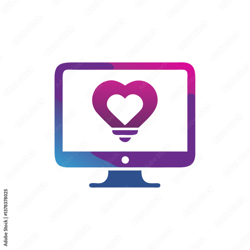 Poster a computer monitor displays a heart-shaped light bulb in a vibrant design. the design symbolizes the
