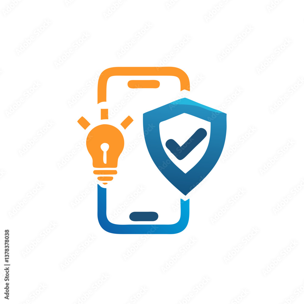 Poster a digital security concept showing a smartphone, a shield and light bulb symbols. it conveys the ide