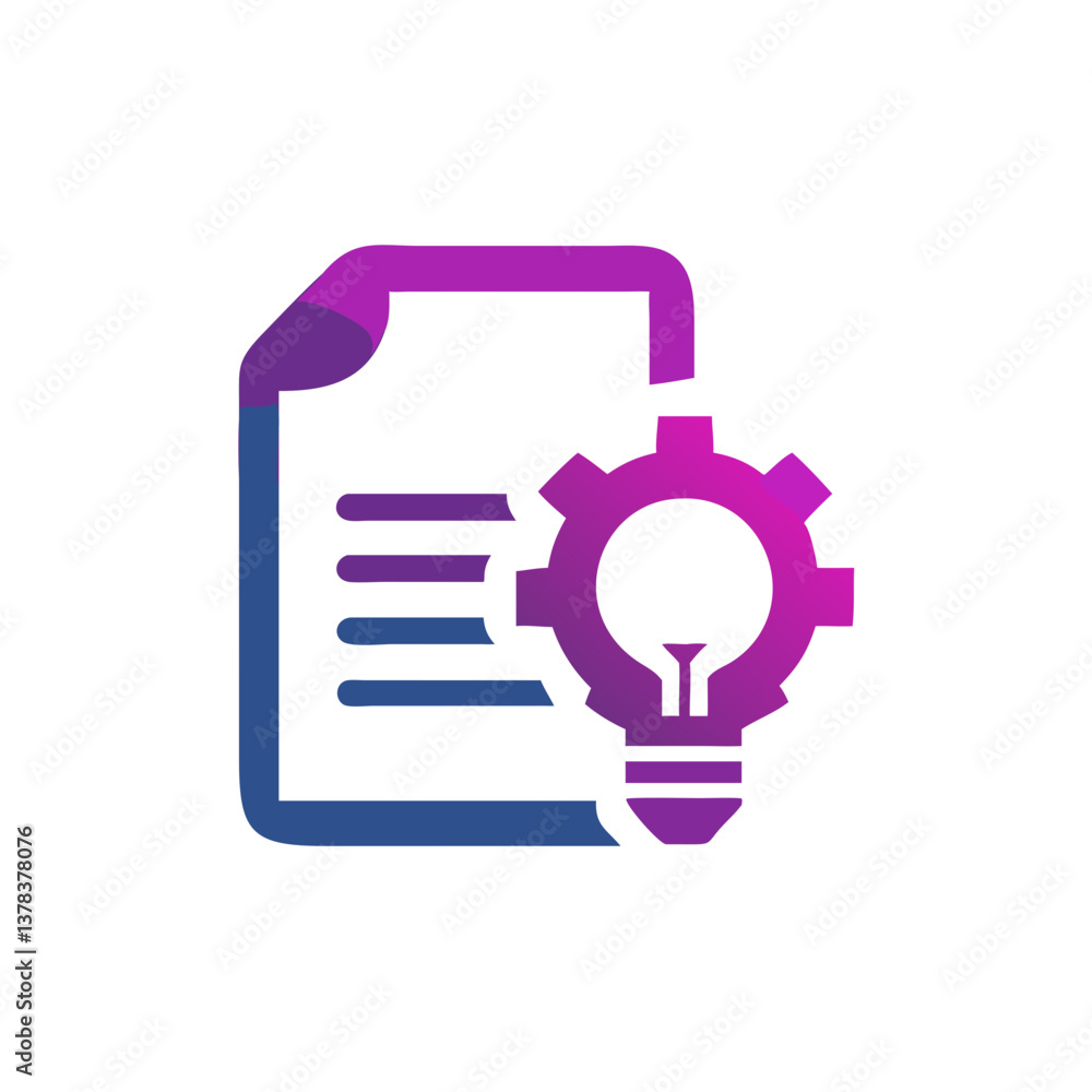 Aufkleber idea represented by a document and a gear with a bulb inside. this represents a innovative document 