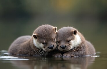 Fototapeta premium Two adorable otters hug gently on river water surface. Animals sleeping, resting in nature. Wildlife portrait. Calm water reflections. River bank with green background. Nature eco concept.
