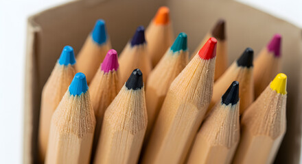 Fototapeta premium Close Up Group of Multicolored Pencils in a Box Showing Wooden Texture Against White Background