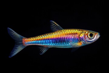 Fototapeta premium A brilliantly colorful fish swimming against a stark black background