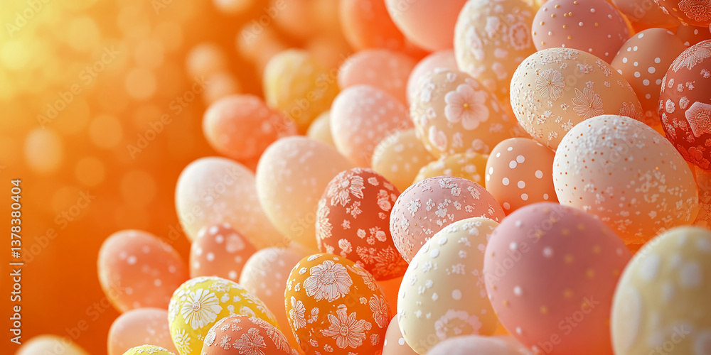 Poster close-up of pastel-colored easter eggs with floral patterns, arranged in a cluster against a warm or