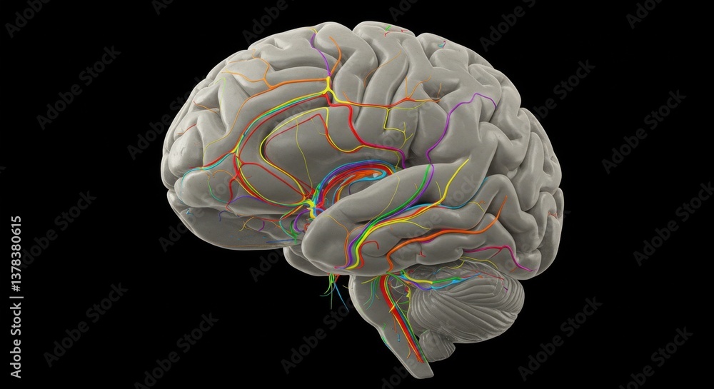 Poster intricate visual representation of the human brain highlighting neural pathways and structures