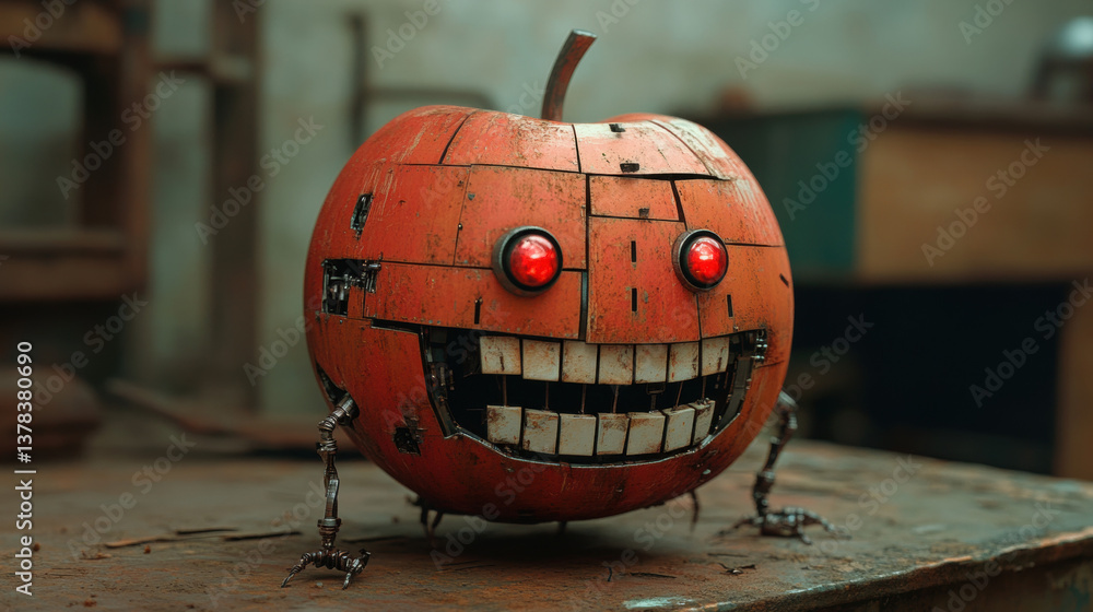 Poster fruit with teeth, robot-like apple with a quirky smile and mechanical features.