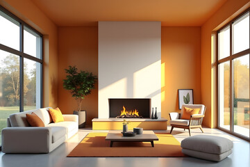 Fototapeta premium Modern passive house lounge with orange ceilings, expansive glazing, and a streamlined fireplace for a naturally lit, eco-friendly haven