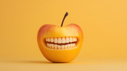 Fruit with teeth, Smiling apple with teeth on a bright yellow background.