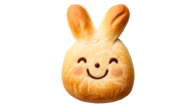 Baked bunny bread with happy face expression, cut out transparent